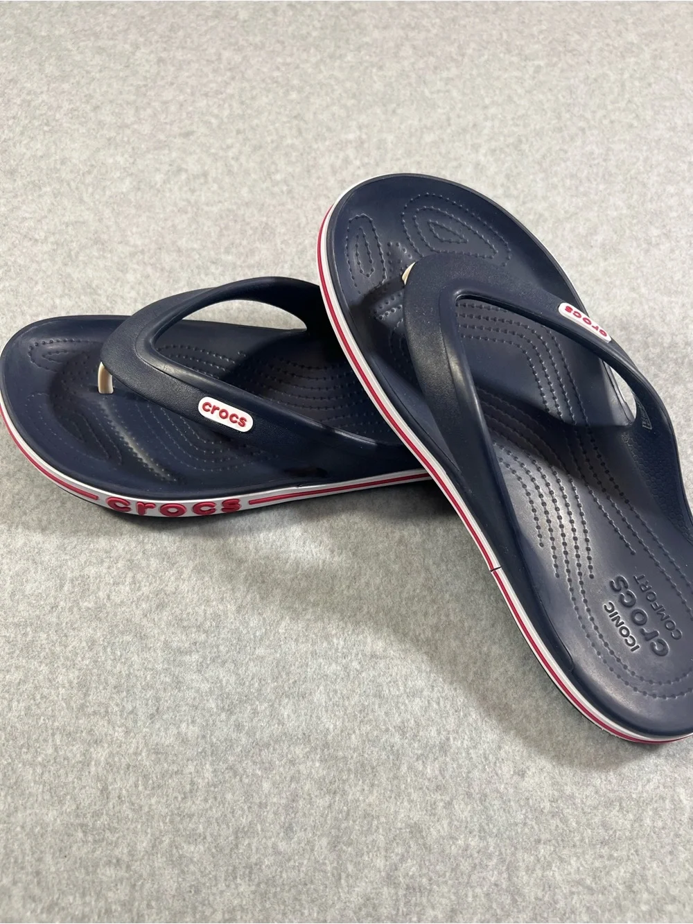 CROCS Men’s Navy Flip-Flop Sandals with Red & White Trim